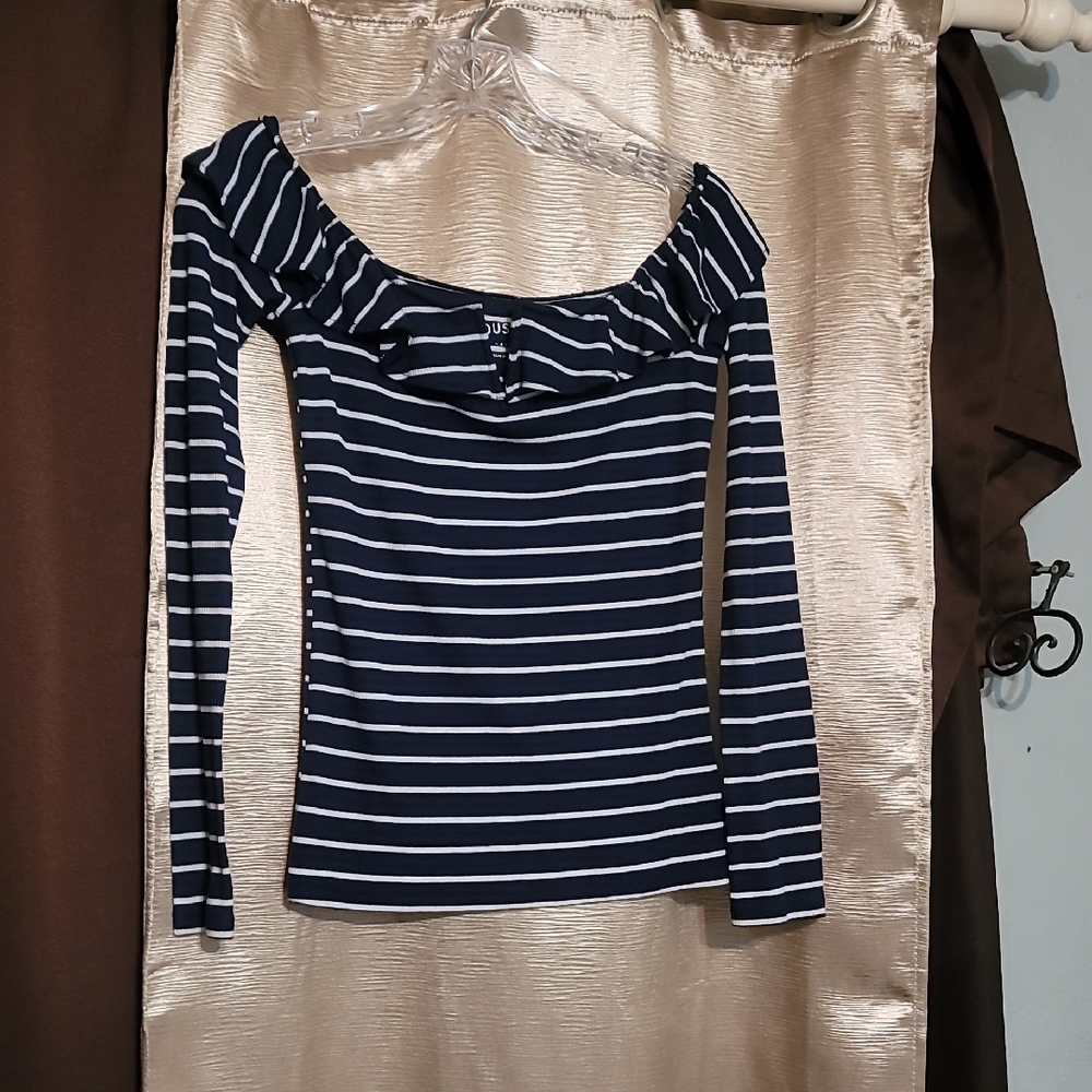 Blue and White Ruffled Tie Front Blouse